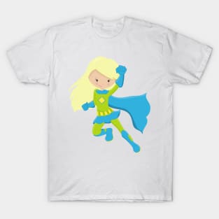 Superhero Girl, Cute Girl, Blonde Hair, Blue Cape T-Shirt